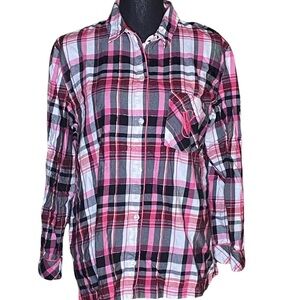 Victoria's Secret Plaid Button Front Pink Flannel Shirt PJ Top Women's M